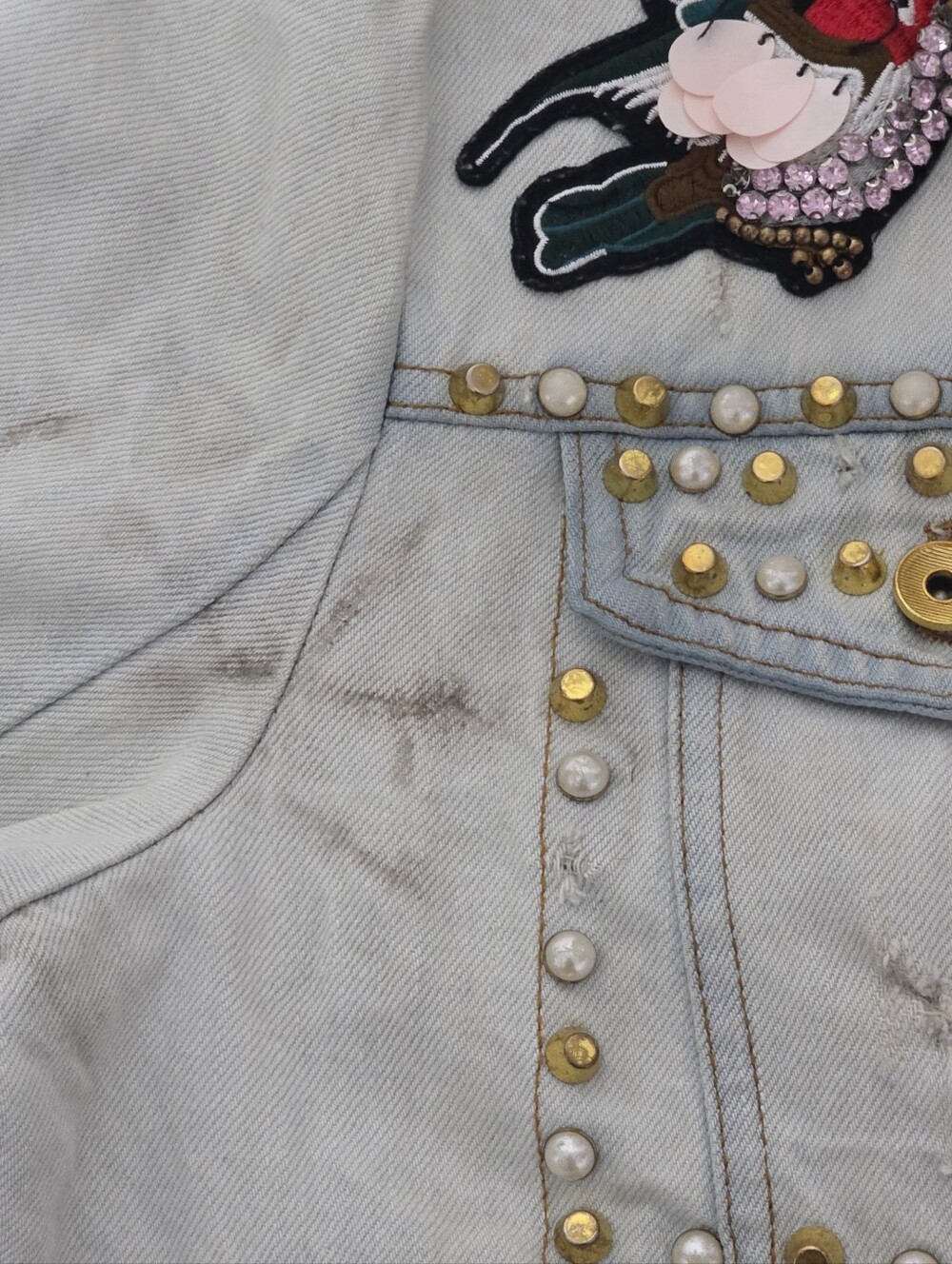 Studded Embroidered Light Blue Denim Jacket by Faded Glory - Picture 13 of 15